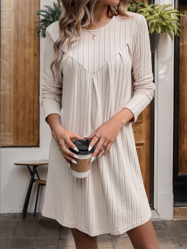 Brushed Striped Knitted Long Sleeve Pleated Dress