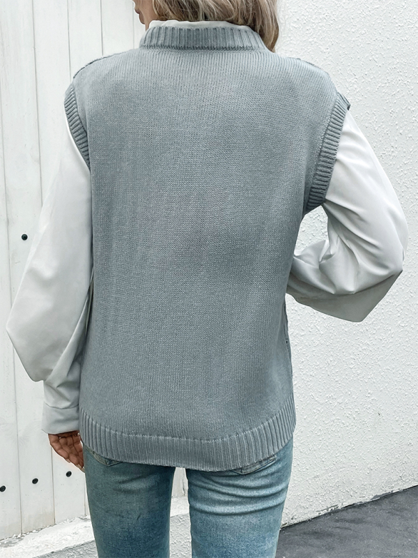 Cable V-neck Solid Color Sweater Vest