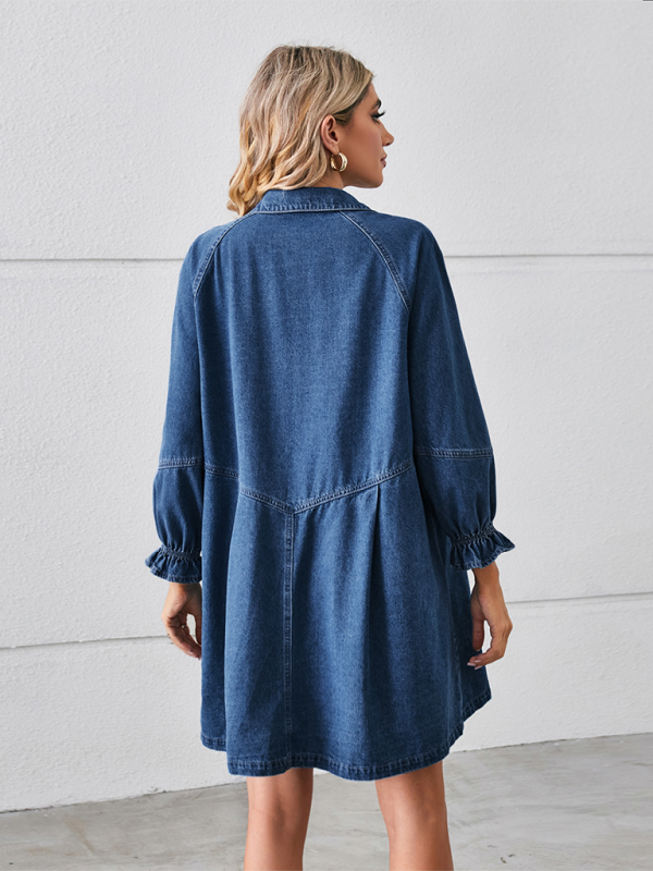 Loose Washed Long Sleeve Spliced Denim Dress