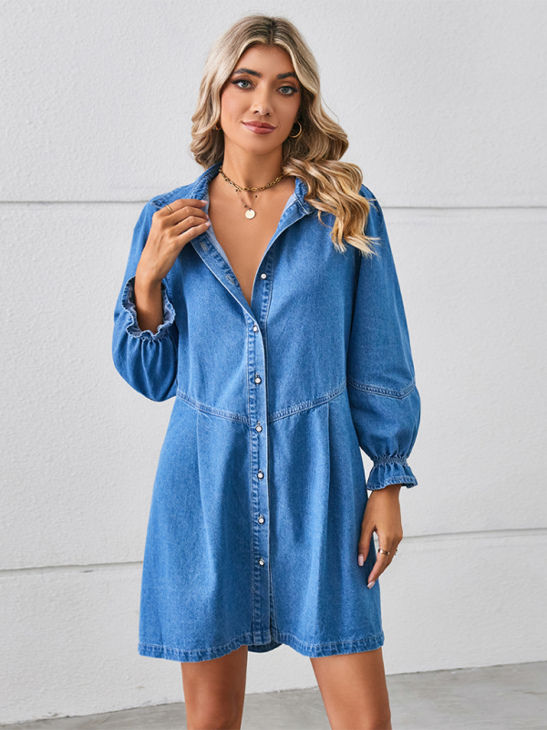 Loose Washed Long Sleeve Spliced Denim Dress