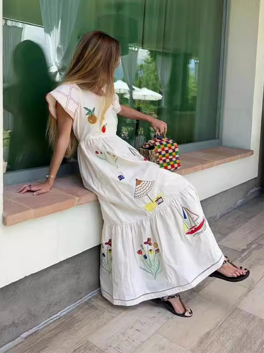 Round Neck Short Sleeve Long Fashion Print Long Dress