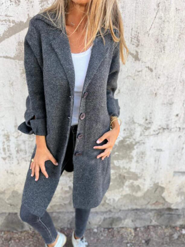 Women's Solid Color Flip Lapel With Pocket Cardigan Single Breasted Medium Long Coat