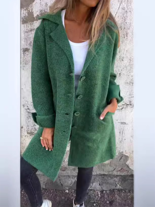 Women's Solid Color Flip Lapel With Pocket Cardigan Single Breasted Medium Long Coat