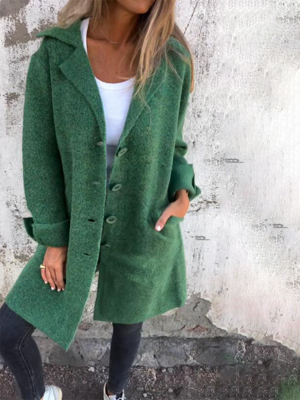 Women's Solid Color Flip Lapel With Pocket Cardigan Single Breasted Medium Long Coat