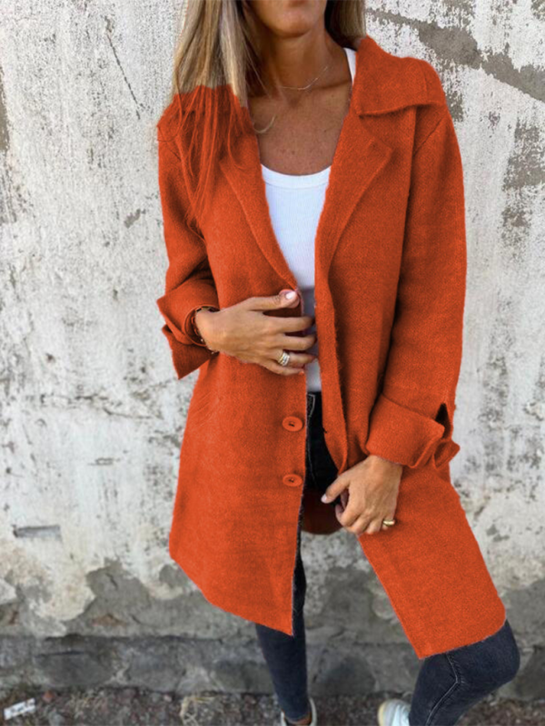 Women's Solid Color Flip Lapel With Pocket Cardigan Single Breasted Medium Long Coat