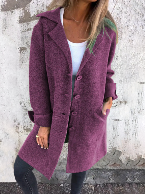 Women's Solid Color Flip Lapel With Pocket Cardigan Single Breasted Medium Long Coat