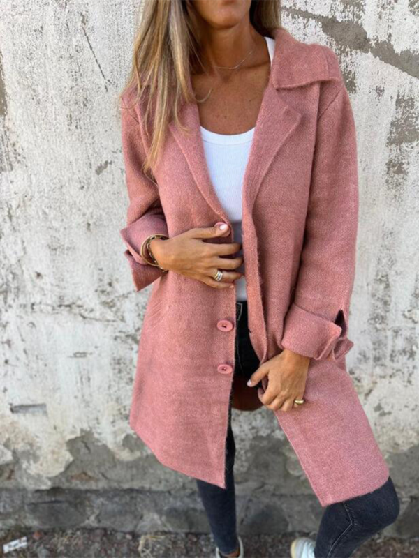 Women's Solid Color Flip Lapel With Pocket Cardigan Single Breasted Medium Long Coat