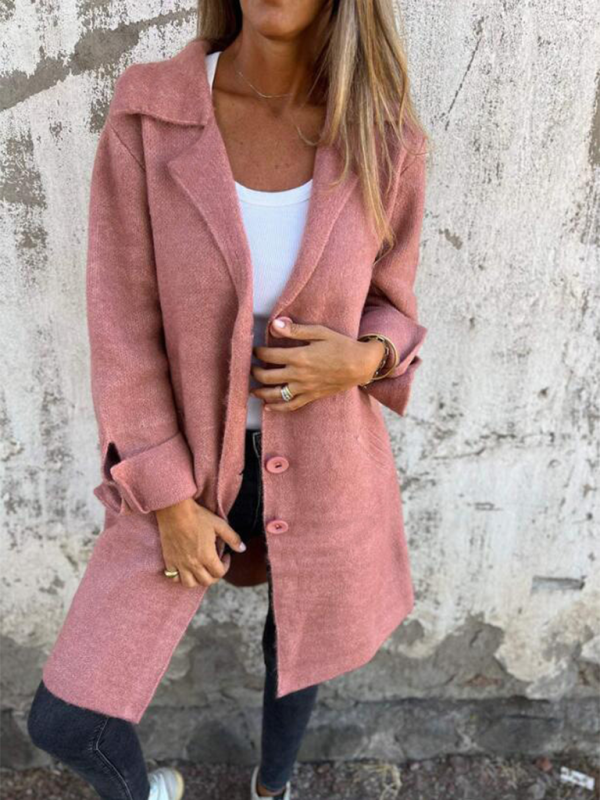 Women's Solid Color Flip Lapel With Pocket Cardigan Single Breasted Medium Long Coat