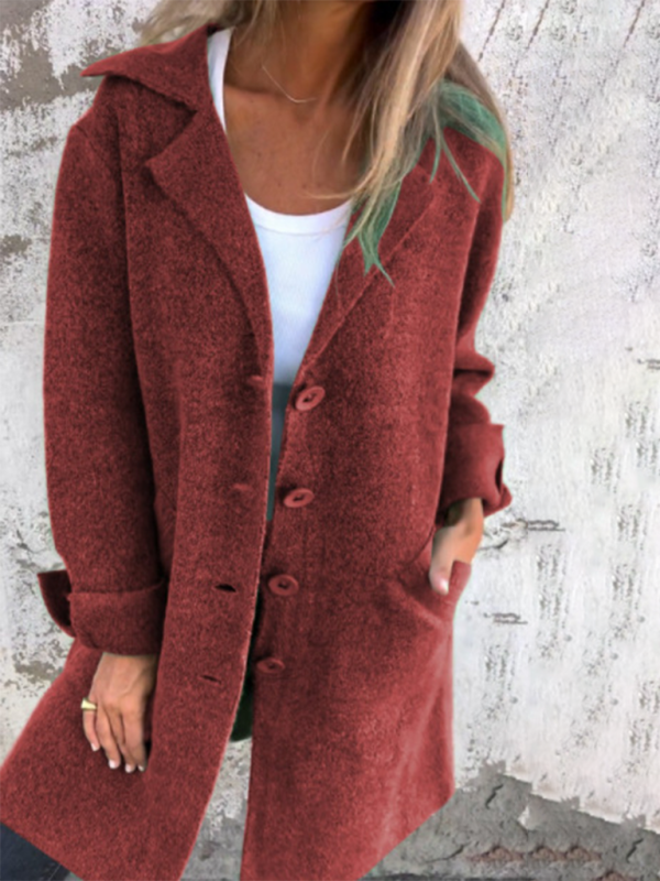 Women's Solid Color Flip Lapel With Pocket Cardigan Single Breasted Medium Long Coat