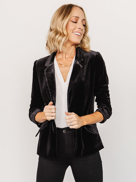 Velvet Slant Pocket Lapel Long Sleeve Blazer