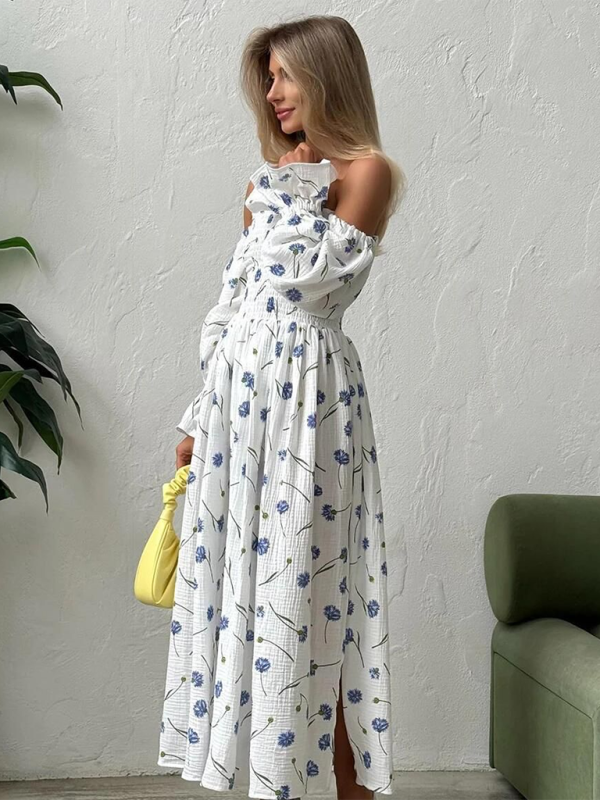 One-piece Neckline Floral Ruffled Lantern Sleeve Long-Sleeve Dress