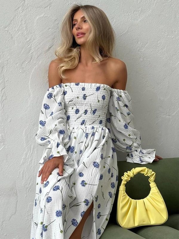 One-piece Neckline Floral Ruffled Lantern Sleeve Long-Sleeve Dress