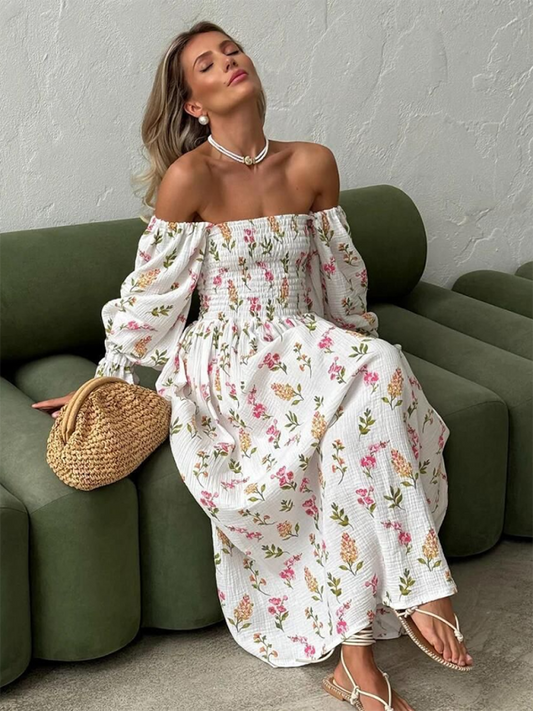 One-piece Neckline Floral Ruffled Lantern Sleeve Long-Sleeve Dress