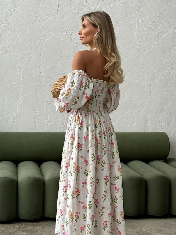 One-piece Neckline Floral Ruffled Lantern Sleeve Long-Sleeve Dress