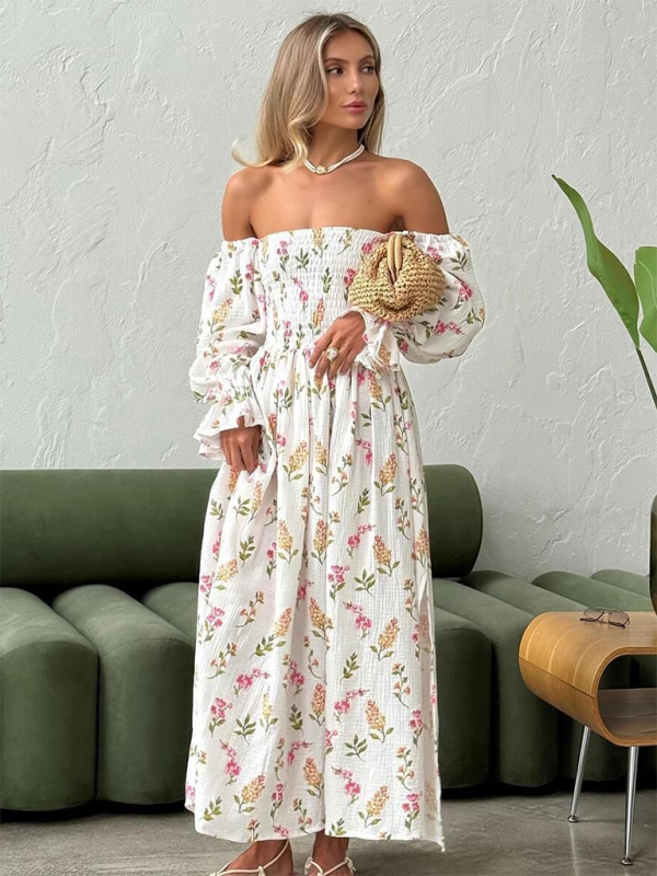 One-piece Neckline Floral Ruffled Lantern Sleeve Long-Sleeve Dress