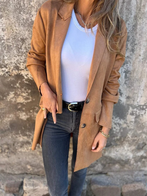 Casual Fashion Suede Lapel Long Sleeve Long Jacket