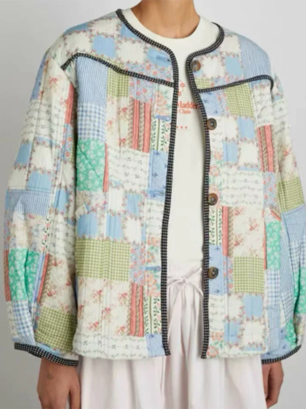 Floral Print Wrap Cotton Quilt Patchwork Jacket