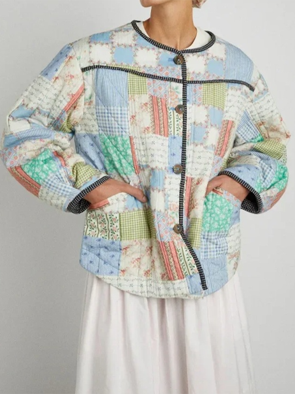 Floral Print Wrap Cotton Quilt Patchwork Jacket