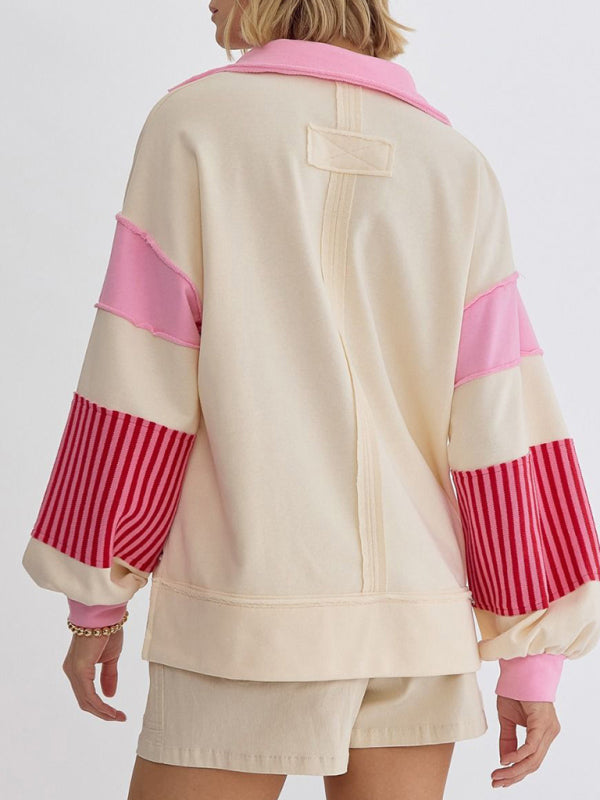 Women's Sweatshirt Oversized Polo Neck Striped Color blocking Top