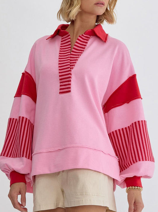 Women's Sweatshirt Oversized Polo Neck Striped Color blocking Top