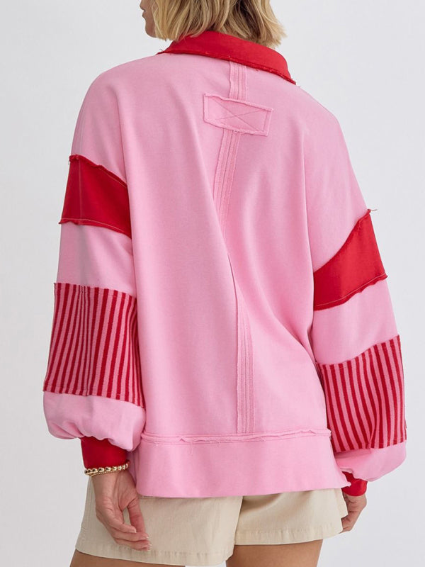 Women's Sweatshirt Oversized Polo Neck Striped Color blocking Top