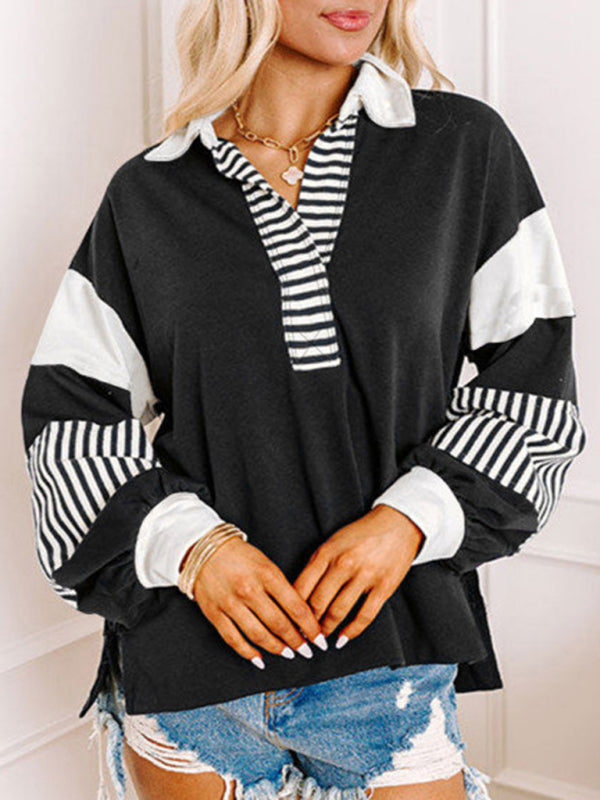 Women's Sweatshirt Oversized Polo Neck Striped Color blocking Top