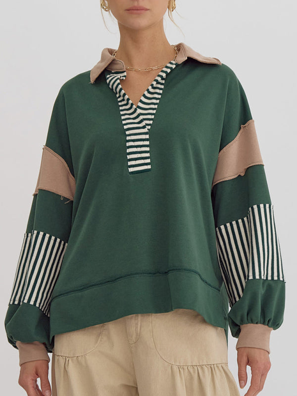 Women's Sweatshirt Oversized Polo Neck Striped Color blocking Top