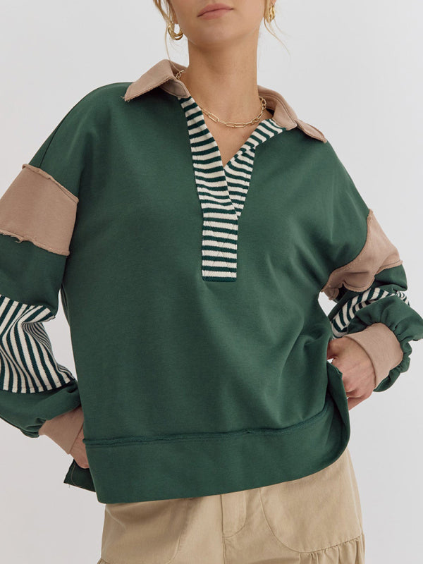 Women's Sweatshirt Oversized Polo Neck Striped Color blocking Top