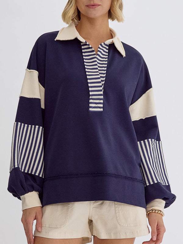 Women's Sweatshirt Oversized Polo Neck Striped Color blocking Top