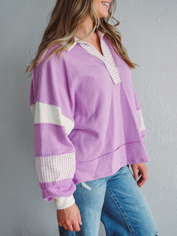 Women's Sweatshirt Oversized Polo Neck Striped Color blocking Top