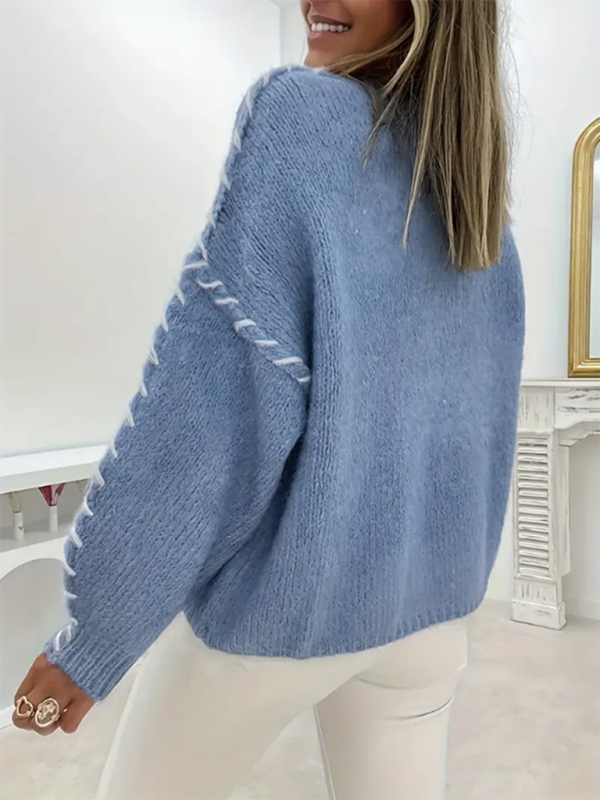 Women's Fashion Pullover Solid Color Round Neck Long Sleeve Drawstring Loose Knitted Sweater