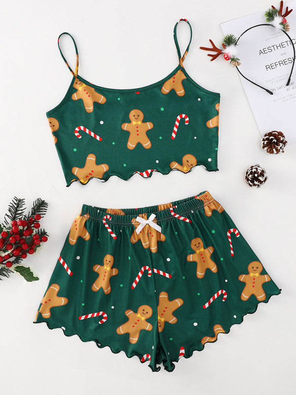 Christmas Print Sleeveless Shorts, Simple and Casual Two-Piece Home Set