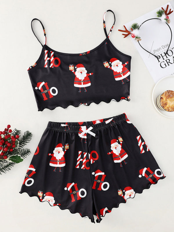 Christmas Print Sleeveless Shorts, Simple and Casual Two-Piece Home Set