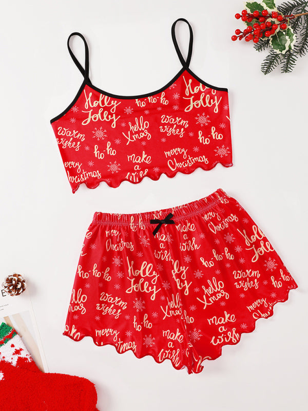 Christmas Print Sleeveless Shorts, Simple and Casual Two-Piece Home Set