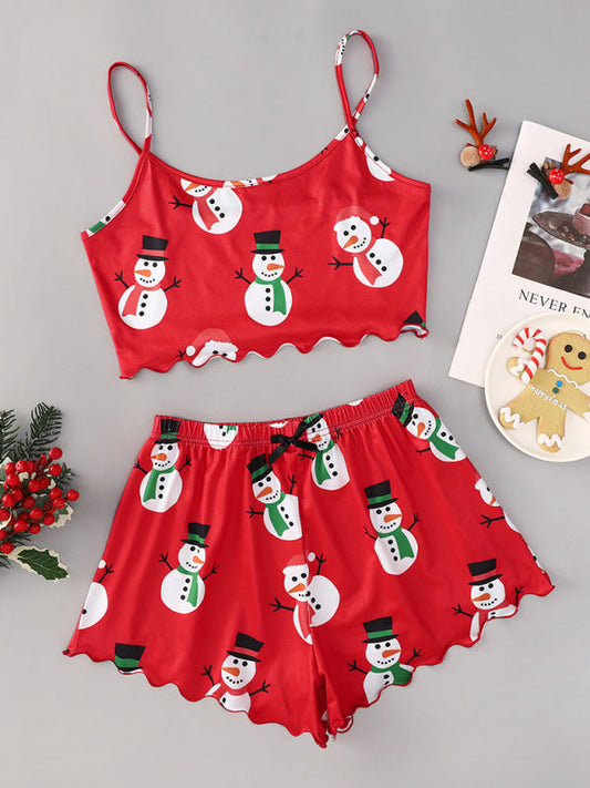 Christmas Print Sleeveless Shorts, Simple and Casual Two-Piece Home Set