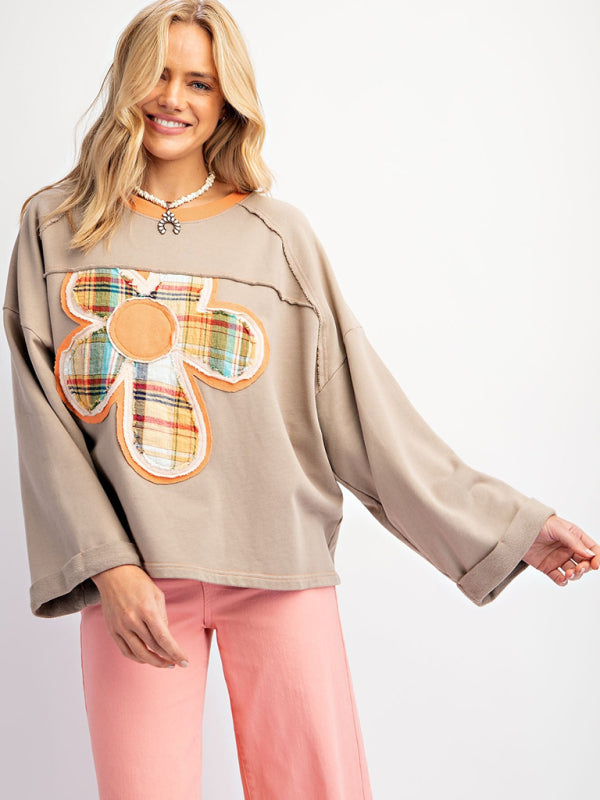 Women's Colorblock Floral Patch Top Casual Loose Sweatshirt