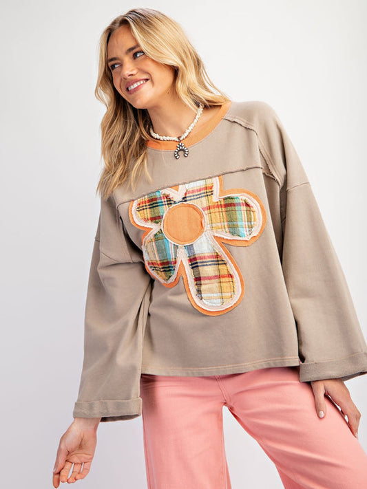 Women's Colorblock Floral Patch Top Casual Loose Sweatshirt