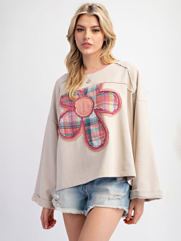 Women's Colorblock Floral Patch Top Casual Loose Sweatshirt