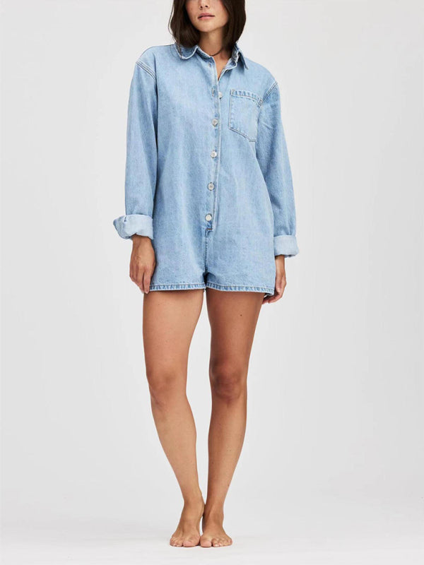 New Women's Lapel Long Sleeve Shorts Denim Jumpsuit