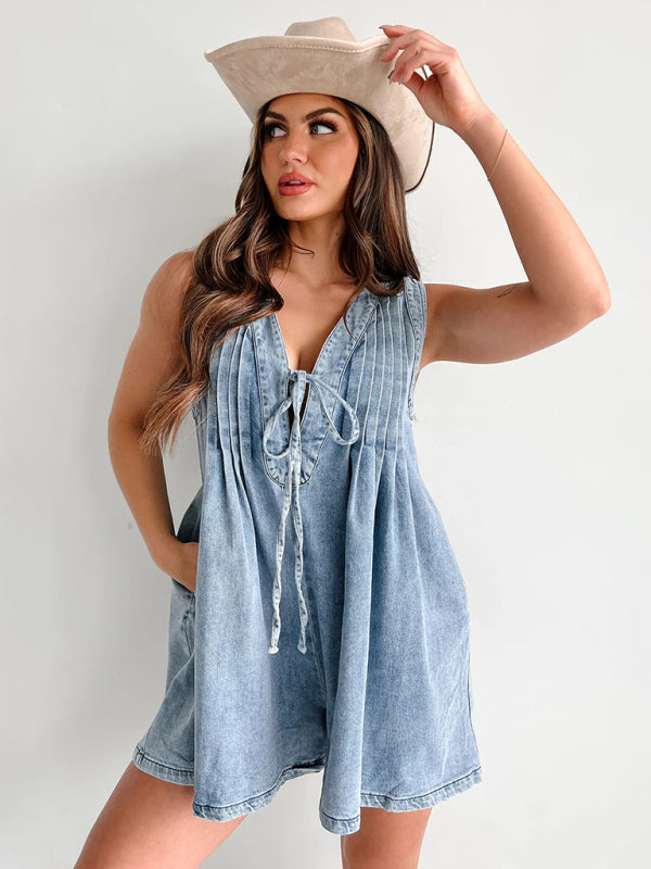 Street Fashion Sleeveless Short Sleeve Shorts Denim Jumpsuit