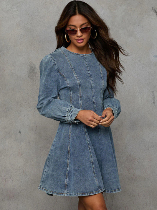 Fashion Casual Patchwork Drop Waist Women's Denim Long Sleeve Dress