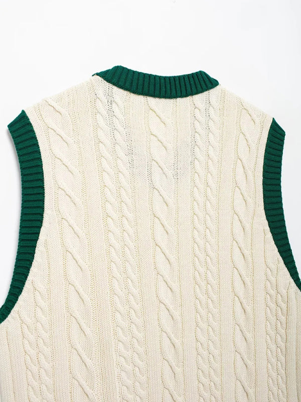 New Contrast Cable Knit Vest Sweater