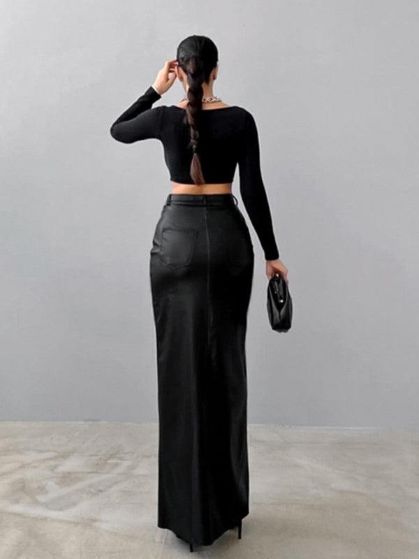 Women's Slit Solid Color High Waist Simple Leather Slim Skirt