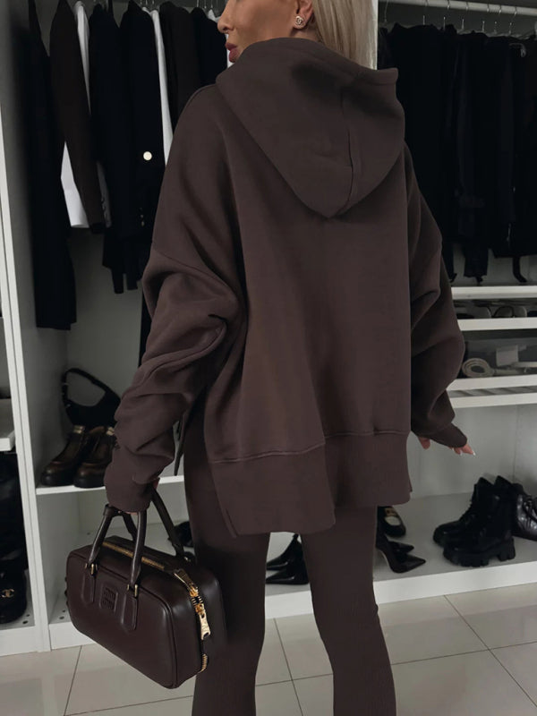 Women's Casual Loose Solid Color Hooded Sweatshirt Suit