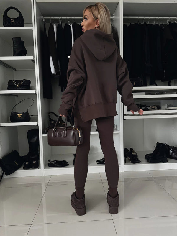 Women's Casual Loose Solid Color Hooded Sweatshirt Suit