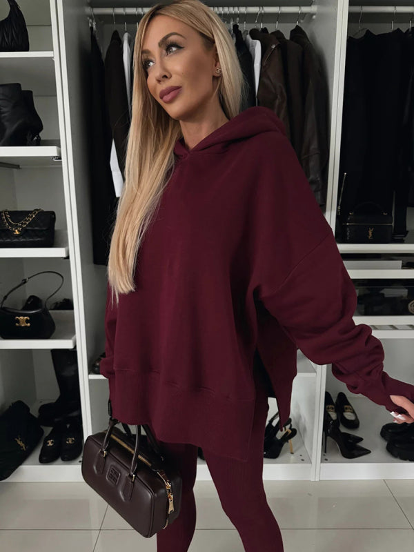 Women's Casual Loose Solid Color Hooded Sweatshirt Suit