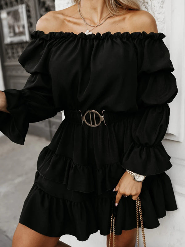 One-Shoulder Ruffled Waist Solid Color Long-Sleeved Tie Dress