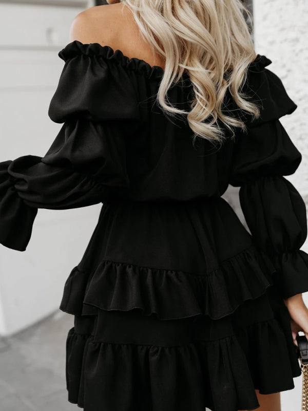 One-Shoulder Ruffled Waist Solid Color Long-Sleeved Tie Dress