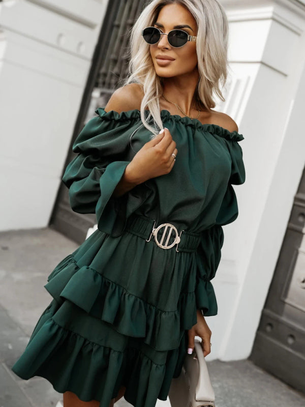 One-Shoulder Ruffled Waist Solid Color Long-Sleeved Tie Dress