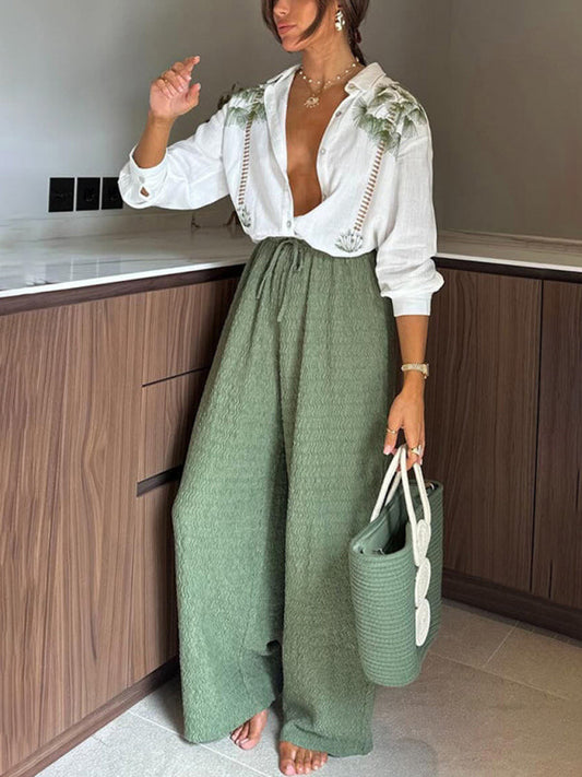 Printed Long-Sleeved Single-Breasted Trousers Suit Casual Loose Two-Piece Suit